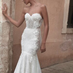 Birenzweig BRC23-19 Wedding Dress - Mermaid dress with sheer side panels, hand embroidered, sweetheart neckline, crystals beads and 3D flower embellishment.