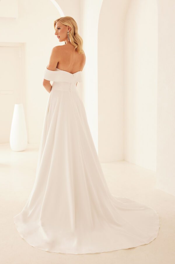 Paloma Blanca 2433 Wedding Dress Sample Sale - A Line style with plunging neckline, off the shoulder portrait collar, strapless with pleats, and pockets. 