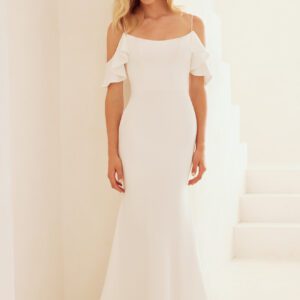 Crepe A Line style with plunging neckline, off the shoulder portrait collar, strapless with pleats, and pockets details. 