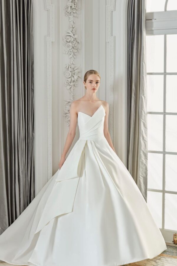 Sareh Nouri Taormina Wedding Dress - Silk Italian Faille ballgown style dress with an asymmetric neckline, a draped bodice with side petals and train. 