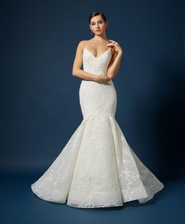 Lazaro 32311 Alexis Wedding Dress - Fit to flare gown with a ballerina V-neckline, thin shoulder strap, natural waist, elongated torso and, chapel train.