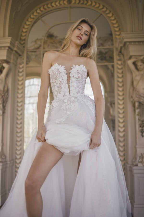 tta BenShabu Morgana Wedding Dress - Strapless ball gown with a plunging neckline, 3D floral appliqués and a corset bodice.