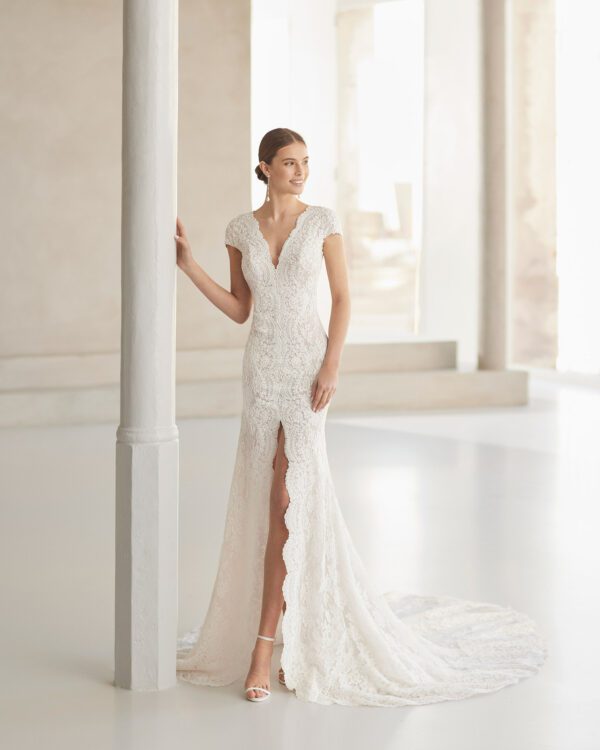 Rosa Clara Couture Balboa Wedding Dress - Mermaid dress with plunging neckline combined with cap sleeves and a dot tulle illusion back and long buttons.