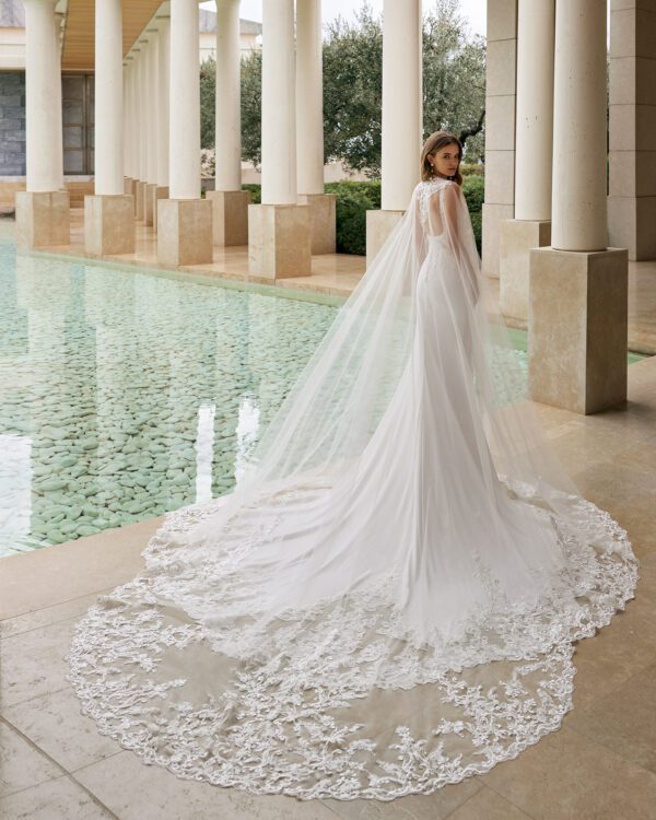 Rosa Clara Collection Venice Wedding Gown - Sheath-style cut, lace bodice and square neckline, straps, open back, long lace-edged train and sheer cape.