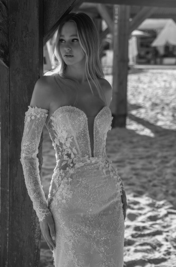 Birenzweig BRC23-01 Lucia Wedding Dress - Deep plunging neckline, low back, hand embroidered flowers, mermaid silhouette and off the shoulder sleeves.