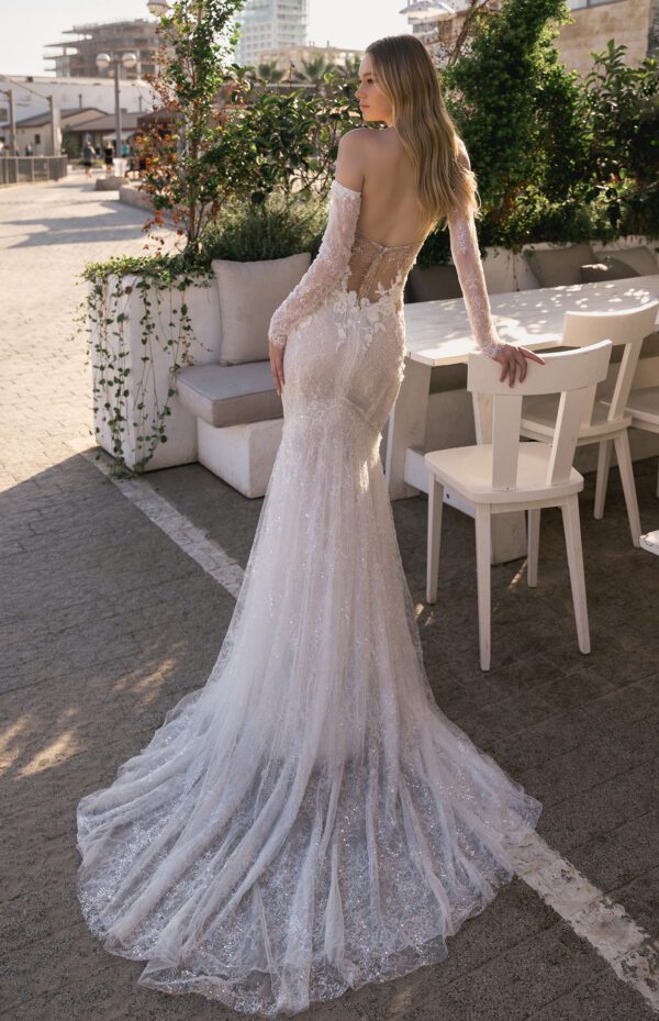 Birenzweig BRC23-01 Lucia Wedding Dress - Deep plunging neckline, low back, hand embroidered flowers, mermaid silhouette and off the shoulder sleeves.
