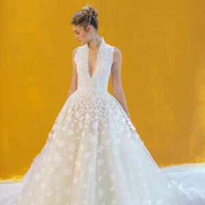 Peter Langner Glass Slipper Wedding Dress - Ball gown with deep V-Neckline, floral embro Guipure lace and cleavage on the front neckline.