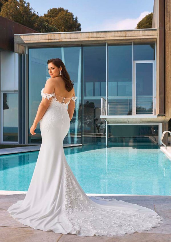 Pronovias Octavia Wedding Dress - Mermaid style, sustainably made crepe, see-through neck and backline, corset-style, 3D flowers on the dropped sleeves.