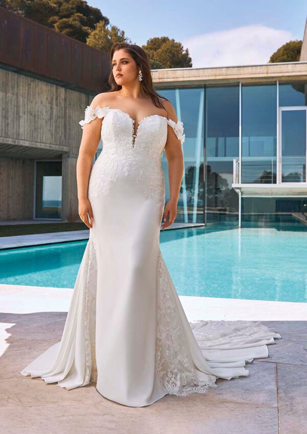 Pronovias Octavia Wedding Dress - Mermaid style, sustainably made crepe, see-through neck and backline, corset-style, 3D flowers on the dropped sleeves.