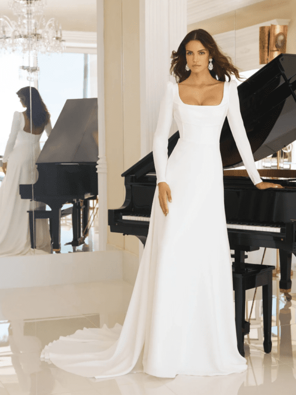 onovias Betsy Wedding Dress - A Line style, square neckline, long glove sleeves with gently gathered shoulders, soft crepe and covered button details.
