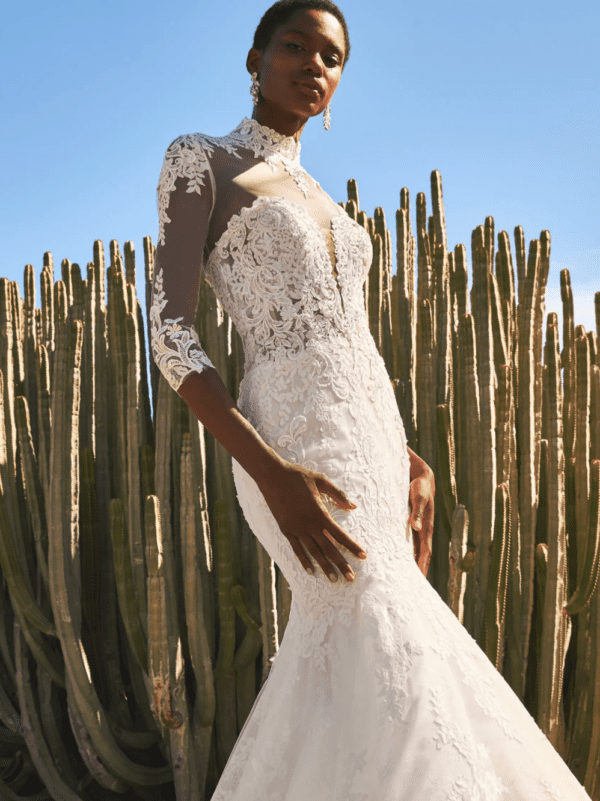 Pronovias Fingal Wedding Dress - Crafted in premium lace, subtle sprinkling, silver beading, mermaid silhouette, detachable yoke and embroidered tulle.