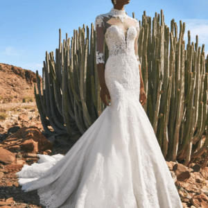 Pronovias Fingal Wedding Dress - Crafted in premium lace, subtle sprinkling, silver beading, mermaid silhouette, detachable yoke and embroidered tulle.