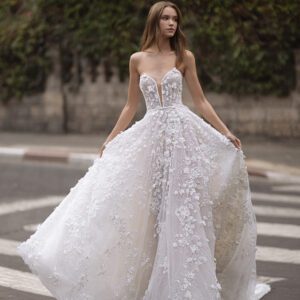 Birenzweig Lara Wedding Dress - Princess Ballgown with deep sweetheart neckline, fitted corset, 3D flower Lace with embellishments of beads on skirt.