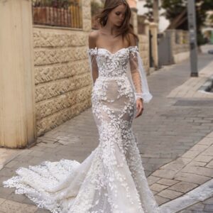 Birenzweig Darya BRC22-07 Wedding Dress - Detachable Off the shoulder puff tulle sleeves and sheer corset bodice with 3D petals and flowers stunning train.