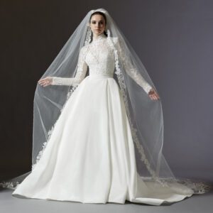 Lazaro 32250 Austen Wedding Dress - Trumpet style with detachable overskirt, high neckline, long fitted sleeve, skirt with side pockets, and chapel train.