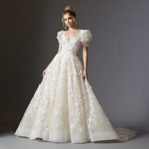 Lazaro Genevieve 32257 Wedding Dress - Ballgown with V-neckline, keyhole back, short sleeves, natural waist, skirt with horsehair trim, and chapel train.