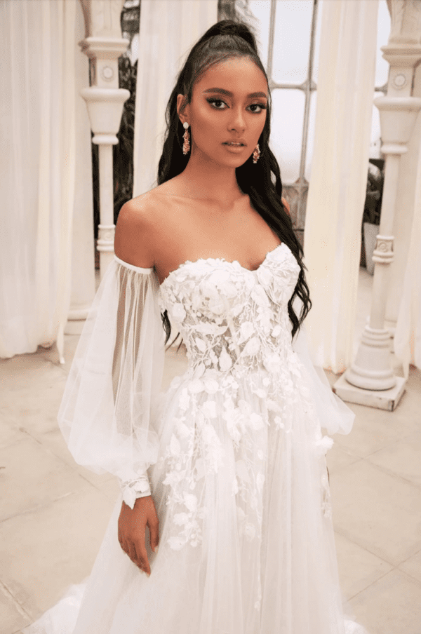 Dany Tabet Justina Wedding Dress - Sweetheart Neckline, Long Sleeves, A-Line