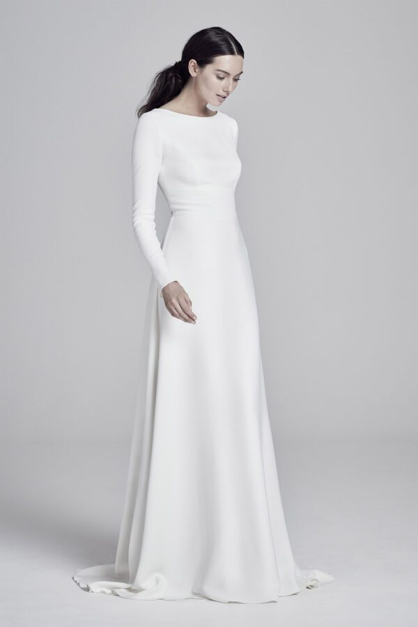 Suzanne Neville Adair Wedding Dress - A Line long sleeves crepe jewel neckline keyhole back