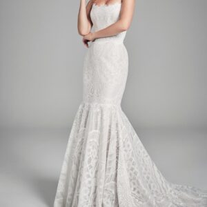 Suzanne Neville Orchid Wedding Dress - Delicate ivory lace mermaid style gown with a sweetheart neckline and long lace Train.