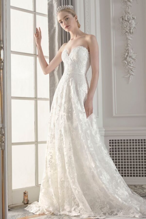 Sareh Nouri Siena Wedding Dress - Embroidered sequined floral lace sweetheart neckline A-line skirt with Organza belt.