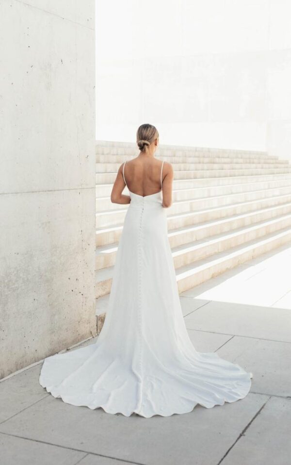 Martina Liana 1683 Wedding Dress - Sheath style with spaghetti straps, draped sweetheart neckline, couture tailoring, fitted back, and sweeping train.