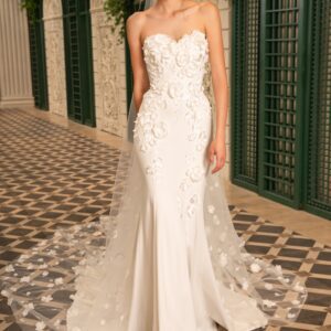 Dany Tabet Cassel Wedding Dress - Beautiful Fit and flare style dress with strapless sweetheart neckline, 3D floral appliqués, fitted bodice, and train. 