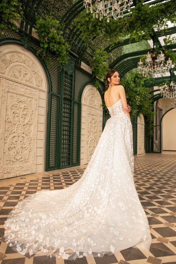 Dany Tabet Tam Wedding Dress - Stunning Ballgown with deep plunging v sweetheart Neckline, 3D Flower appliqué all-over fitted bodice and skirt with train.