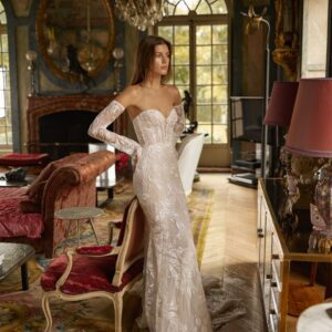 Netta BenShabu Nastia Wedding Dress - Fit and flare style with illusion corset bodice, sweetheart neckline, beading, and detachable off-the shoulder sleeves