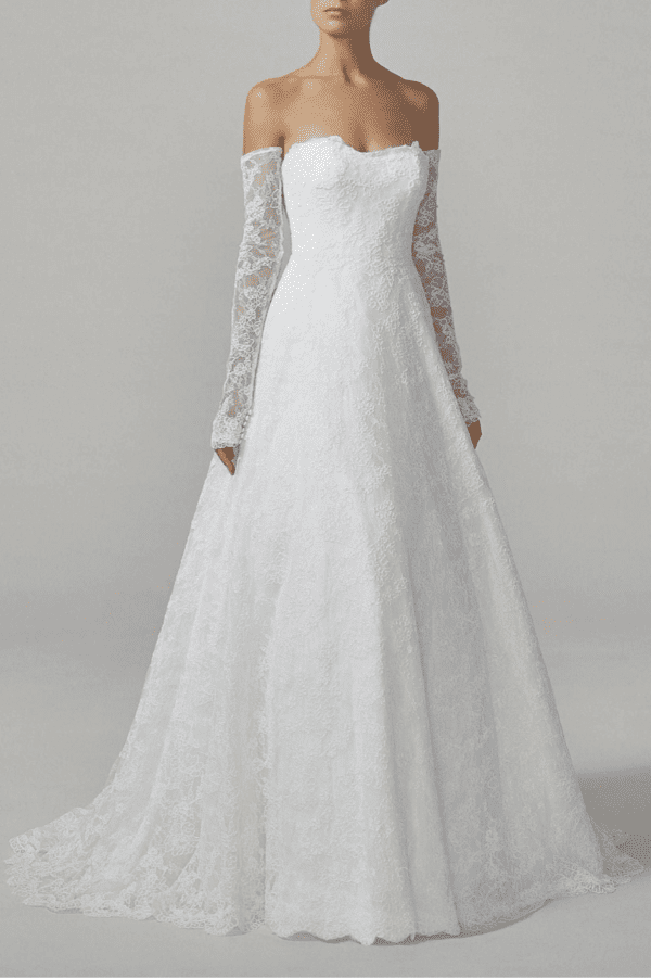 Vera Wang X Pronovias Arama Wedding Dress - A Line style dress in All-over Lace with a strapless neckline, and detachable glove sleeves.