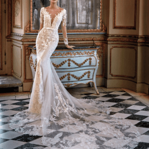 Pronovias Eirian Wedding Dress - Mermaid Sheer tulle with embroidery, sheer train, long illusion sleeves, extra-deep cut V-neck and plunging illusion back.