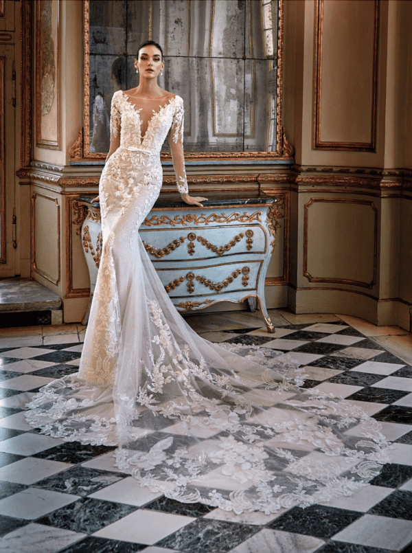 Pronovias Eirian Wedding Dress - Mermaid Sheer tulle with embroidery, sheer train, long illusion sleeves, extra-deep cut V-neck and plunging illusion back.