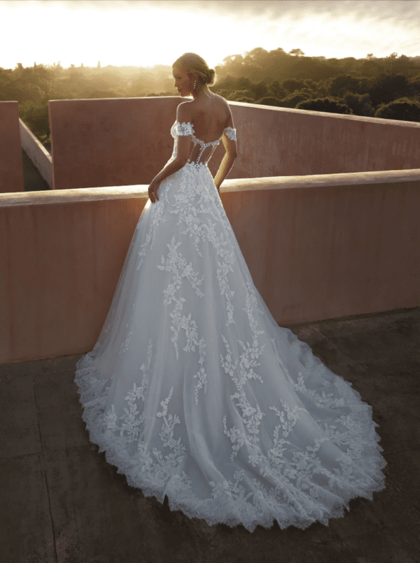 Pronovias Elysees Wedding Dress Sample Sale - A Line with off the shoulder, allover floral appliqué, Semi-illusion bodice, sweetheart neckline and train.
