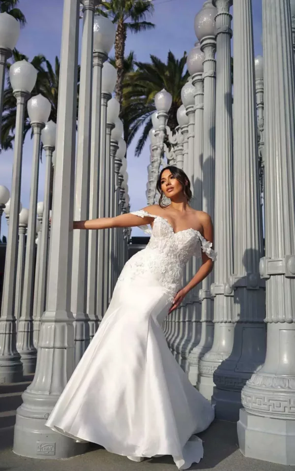 Martina Liana 1679 Wedding Dress - Fit and flare skirt with 3D floral lace bodice, detachable off the shoulder straps, sweetheart neckline, and royal train.