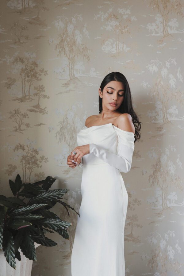 Martina Liana 1446 Wedding Dress - Fit and flare style dress with strapless neckline, off the shoulder long sleeves, back buttons and elegant train.