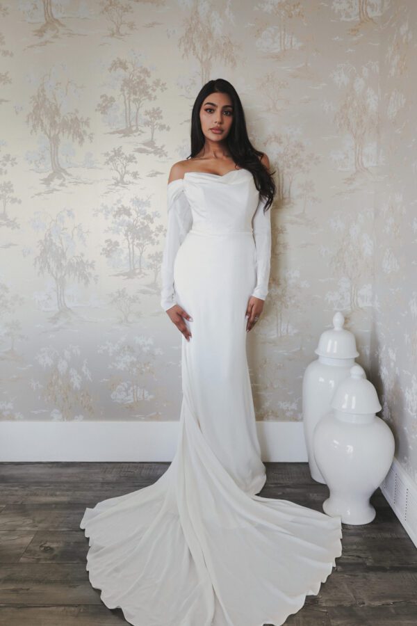 Martina Liana 1446 Wedding Dress - Fit and flare style dress with strapless neckline, off the shoulder long sleeves, back buttons and elegant train.