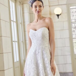 Sareh Nouri Emeline Wedding Dress - Soft A Line dress with romantic 3D floral lace, modified sweetheart neckline, classic style with small train.