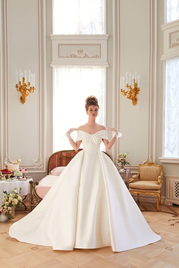 Sareh Nouri Beautiful Mind Wedding Dress - Italian Stretch Mikado dress with draped off the shoulder bodice and a dramatic ball gown skirt.