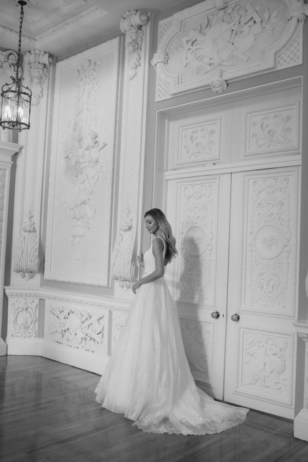 Suzanne Neville Faure Wedding Dress - A Line style dress with square neck corseted bodice, dainty straps and a beautiful floral printed Gazaar skirt. 