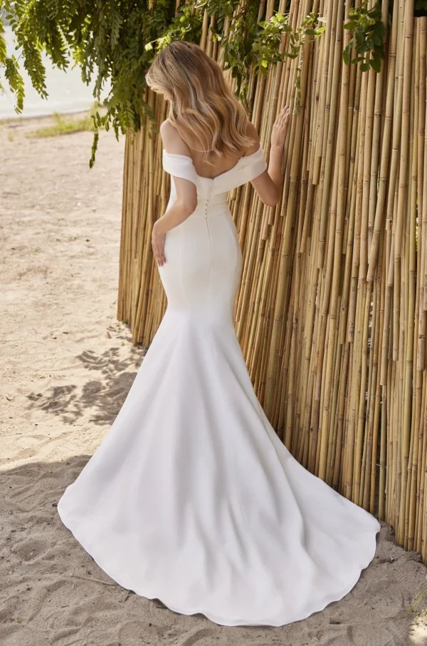 Paloma Blanca 2478 Wedding Dress Sample Sale - Fit and flare with off-the-shoulder draped bodice, sweetheart drape collar, covered buttons skirt with slit.