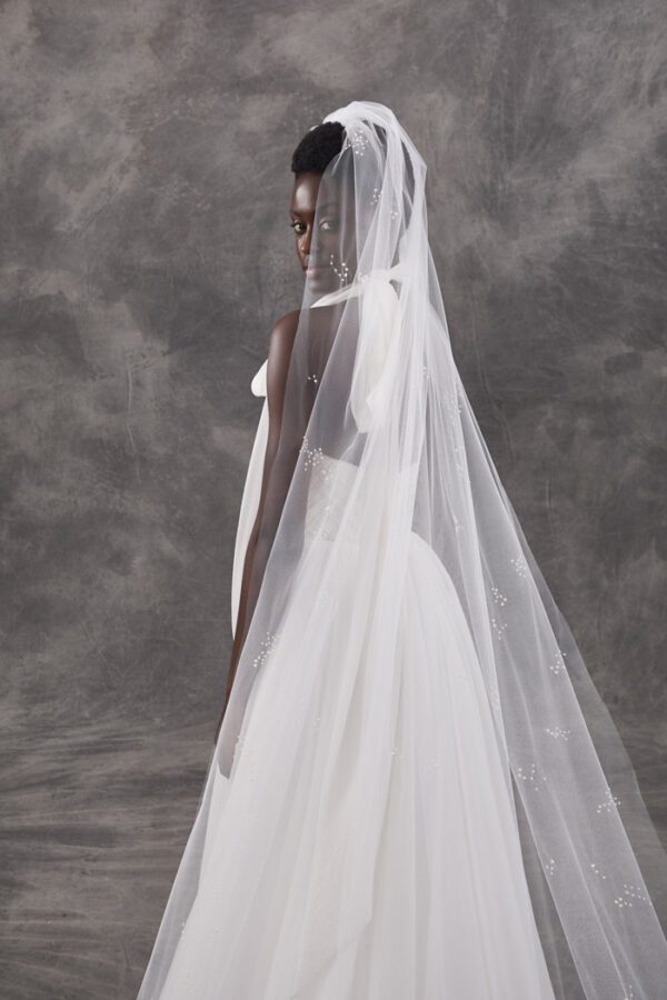 Peter Langner Ruby Wedding Veil - U shaped veil in tulle with no blusher, embroidered with groups of pearls and crystals.