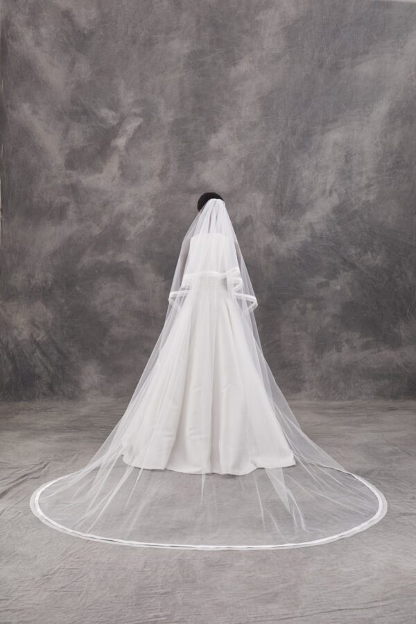 Peter Langner 1163 Wedding Veil - Oval shaped veil in tulle with silk satin and organza trim, with blusher.