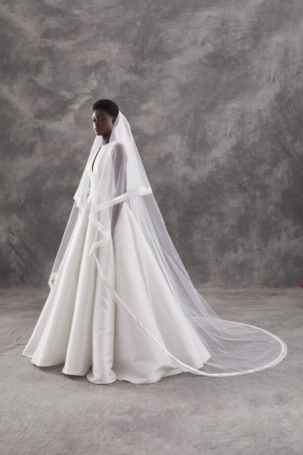 Peter Langner 1163 Wedding Veil - Oval shaped veil in tulle with silk satin and organza trim, with blusher.