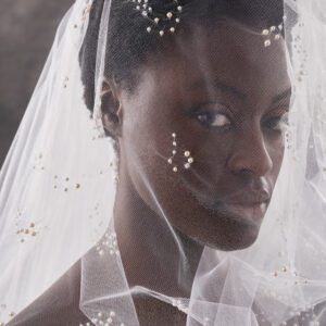 Peter Langner Ruby Wedding Veil - U shaped veil in tulle with no blusher, embroidered with groups of pearls and crystals.