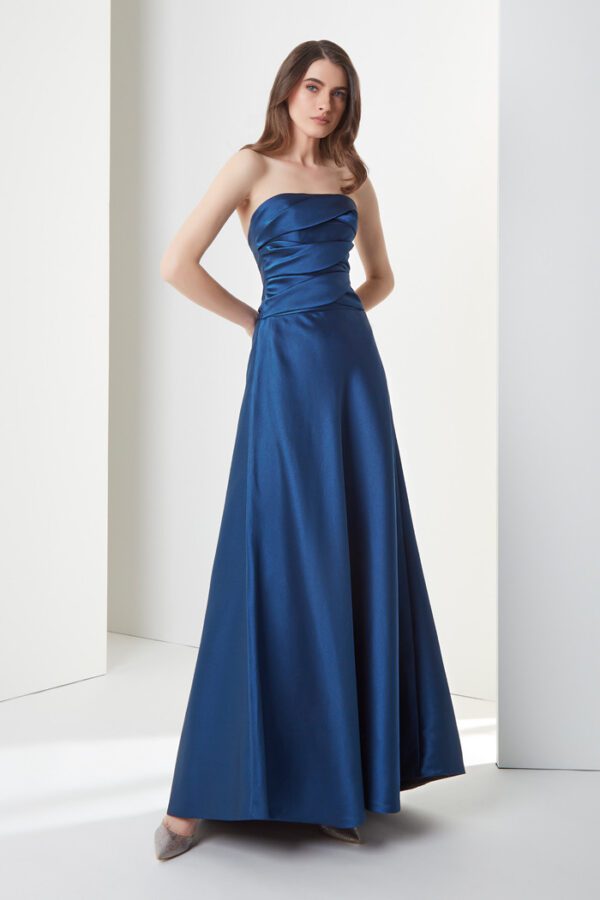 Peter Langner 230013 Evening Dress - A - Line style dress with strapless neckline in mikado with draped bodice and two sashes on the back.