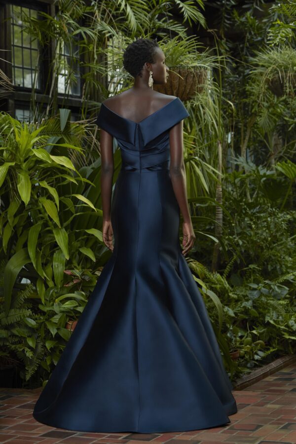 Sareh Nouri Grace Evening Dress - Fit and flare style dress with diagonal draped fitted bodice, Off-the-shoulder v neckline and cap-sleeves.