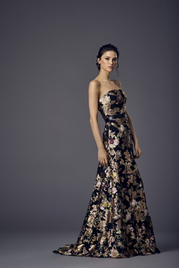 Suzanne Neville Palermo + Cape Wedding Guest Dresses - A Line style dress with strapless neckline, floral graphic throughout in Damask chiffon fabric.