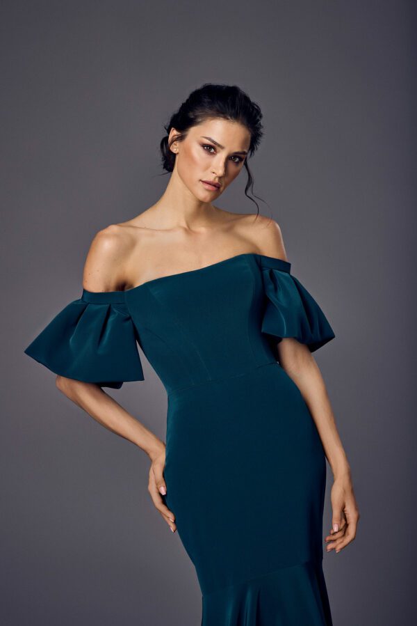 Suzanne Neville Aruna Wedding Guest Dress - Mermaid style dress with fitted bodice, straight strapless neckline, Off the shoulder detachable short sleeves.
