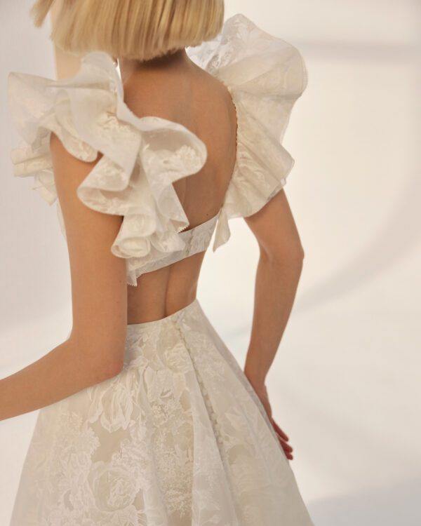 Rosa Clará Eulene Wedding Dress - A-line white-painted silk organza dress with a square neckline, ruffled sleeves. High fashion Aire Atelier model.