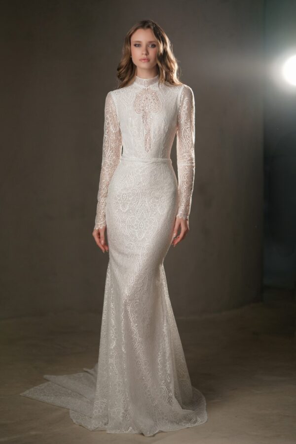 Birenzweig Kristyna Wedding Dress - Fitted mermaid lace style dress with high neckline, tailored sleeves and keyhole opened back. Belt detail.