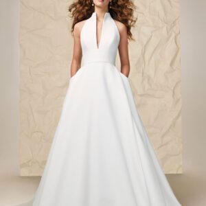 Jesus Peiro 2410 Wedding Dress - Voluminous a line style dress in Iris Taffeta with deep v neckline, open back, high neckline, fitted bodice and pockets.